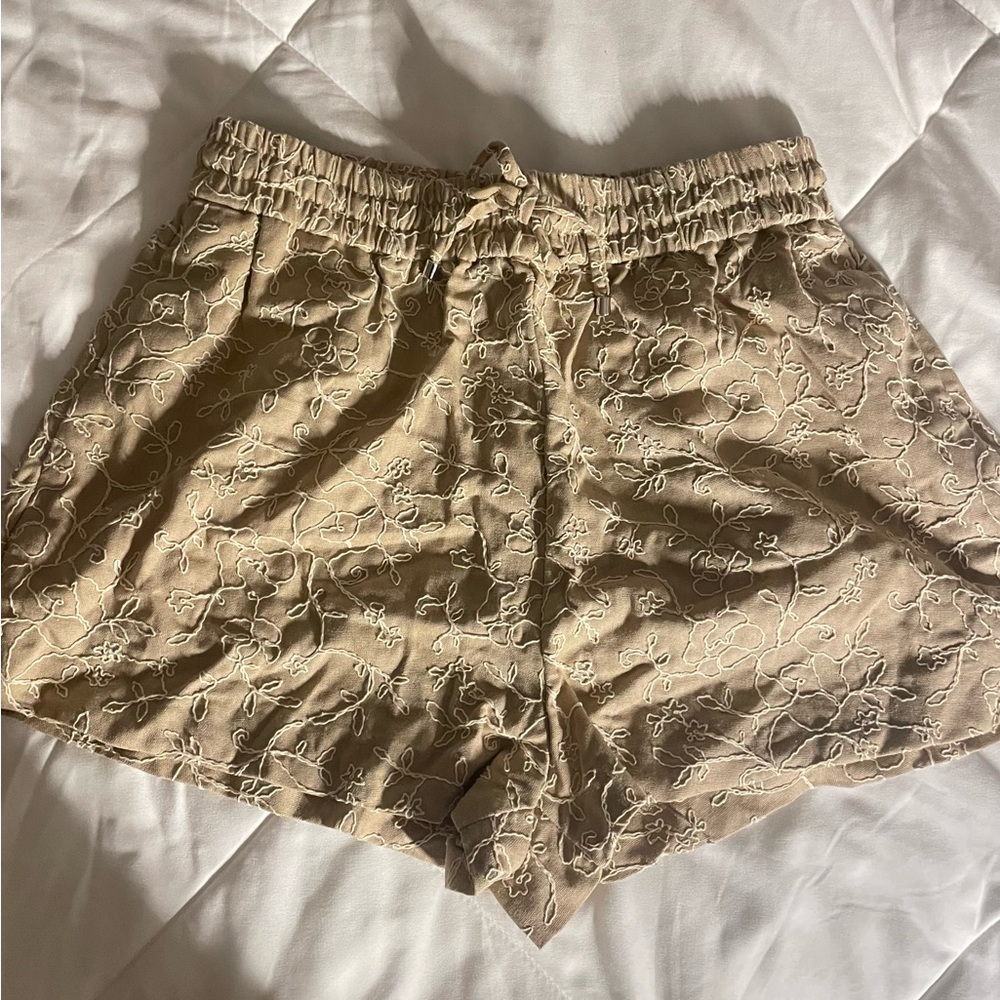 Zara High Waist Embroidered Shorts - Tan
